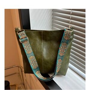Olive Green Faux Leather Shoulder Bag With Embellished Strap